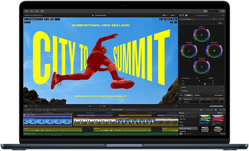 MacBook Air com chip M5 executando um aplicativo de edição de vídeo