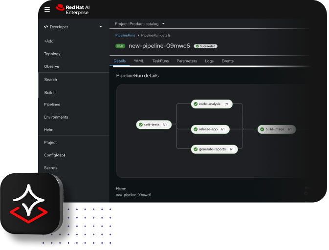 Interface do Red Hat AI mostrando um pipeline de desenvolvimento e implantação de aplicações de inteligência artificial